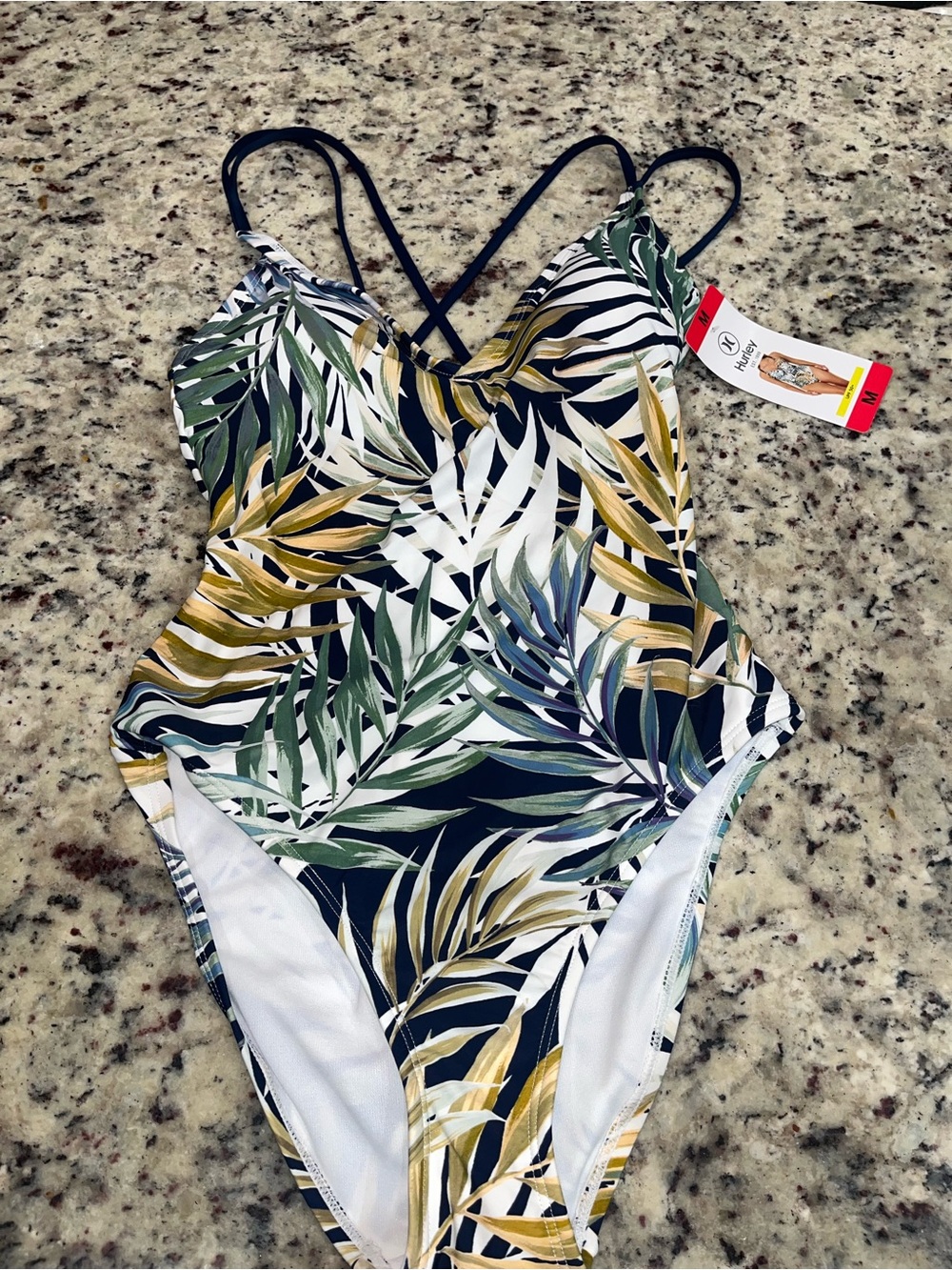 Hurley Leaf-Print One-Piece Swimsuit in Navy, Green & Gold